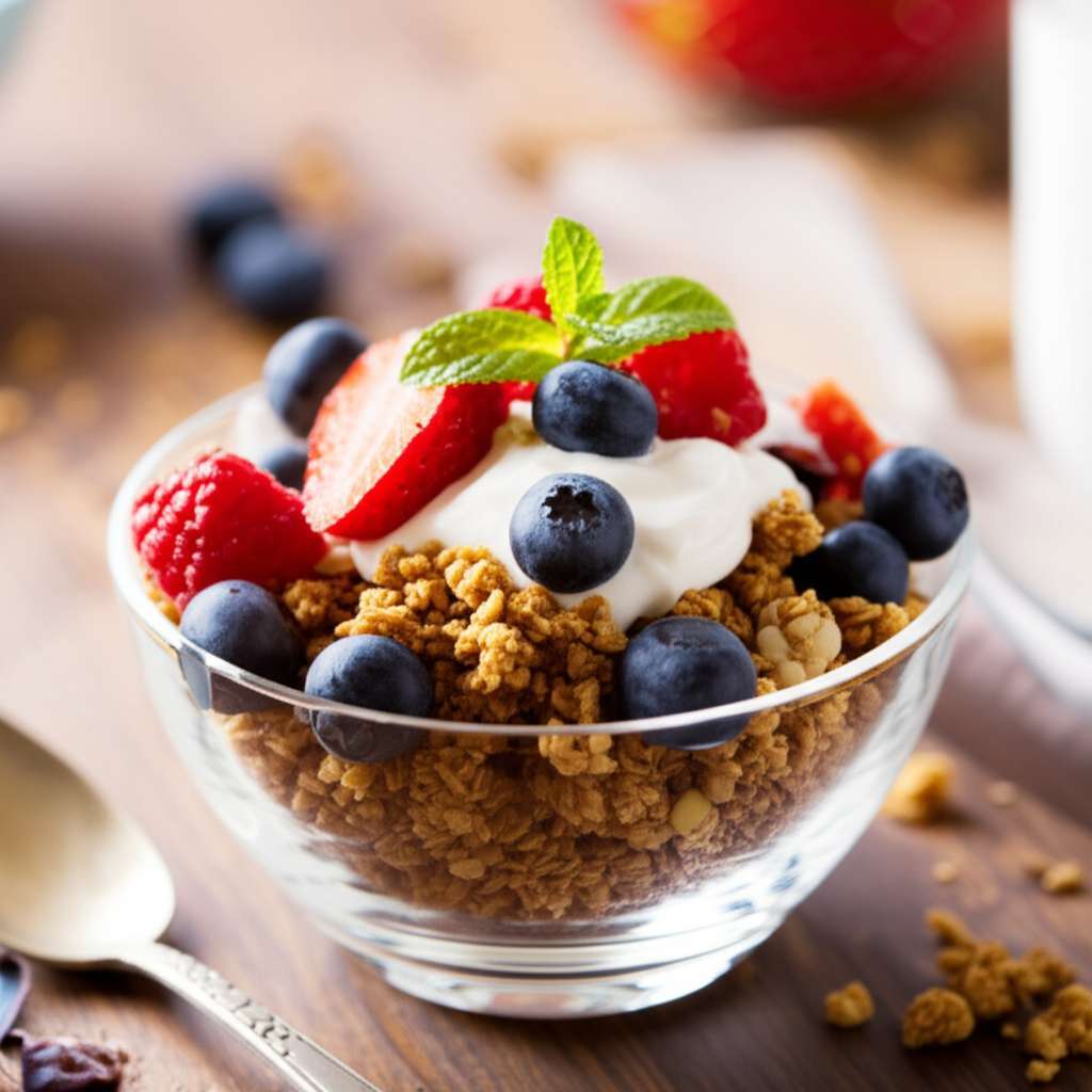 Generate a high-quality, relevant image prompt for an article about: Granola Cereal With Yogurt: Del