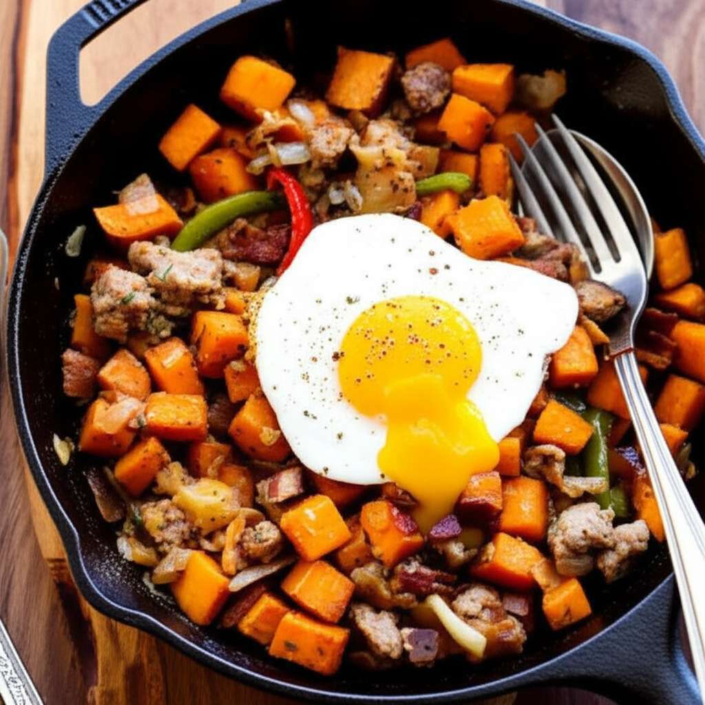 Generate a high-quality, relevant image prompt for an article about: Sweet Potato Hash Breakfast: Am