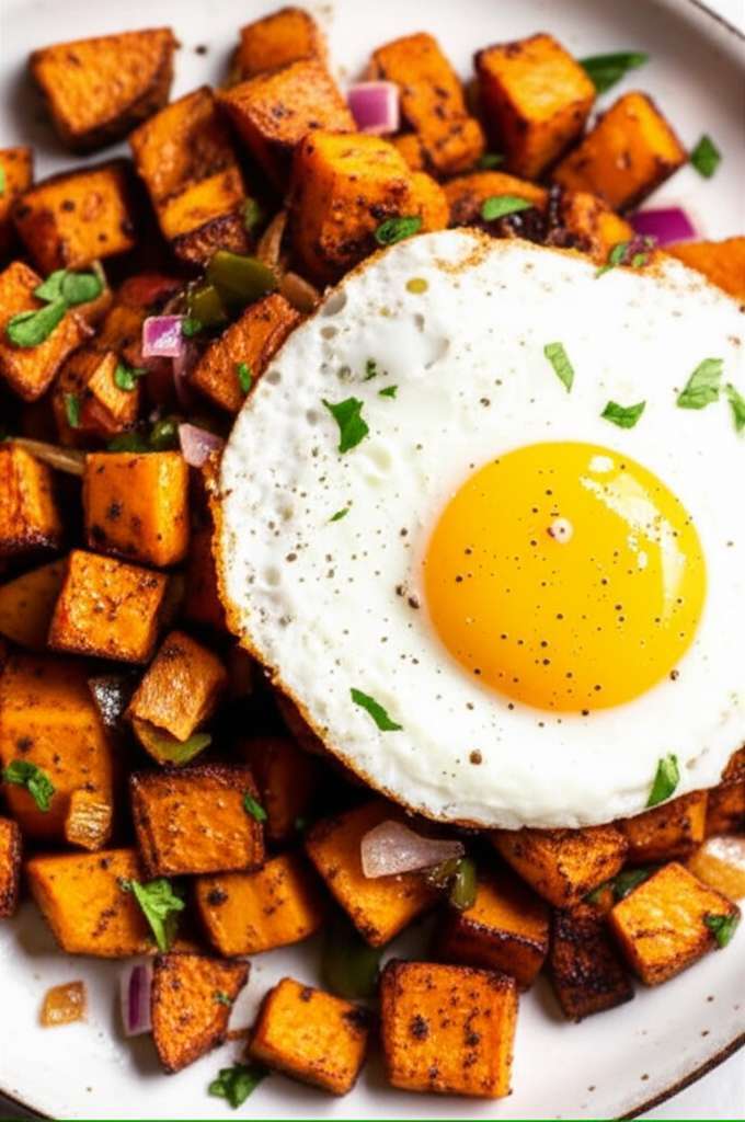 Generate a high-quality, relevant image prompt for an article about: Sweet Potato Hash Breakfast: Am