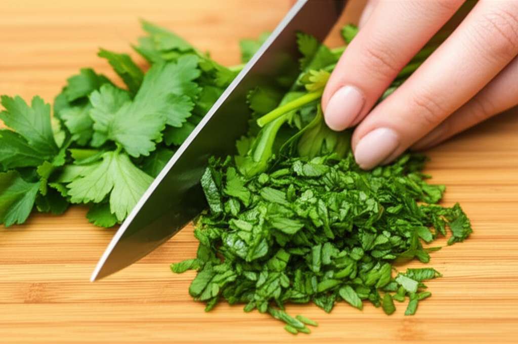Generate a high-quality, relevant image prompt for an article about: How To Cut Herbs Without Bruisi