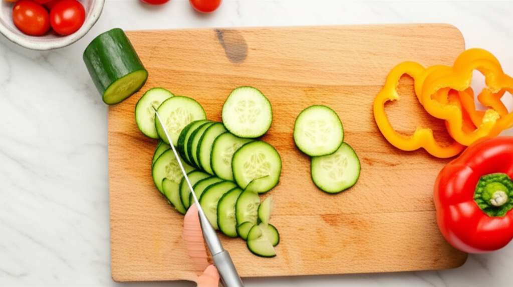 Generate a high-quality, relevant image prompt for an article about: How to Cut Cucumber for Salad: